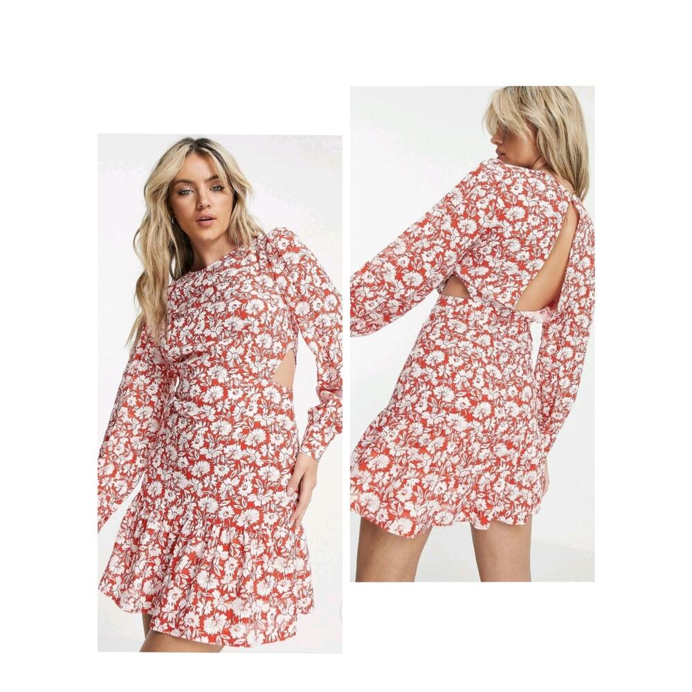 5583TopShop 8 Red White Daisy Print Cut Out Side Long Sleeve Flirty Mini Dress